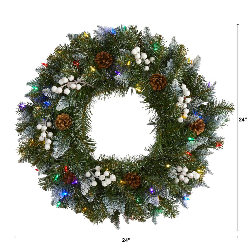 Snow Tipped Artificial Christmas Wreath with 50 Multicolored LED Lights. Picture 2