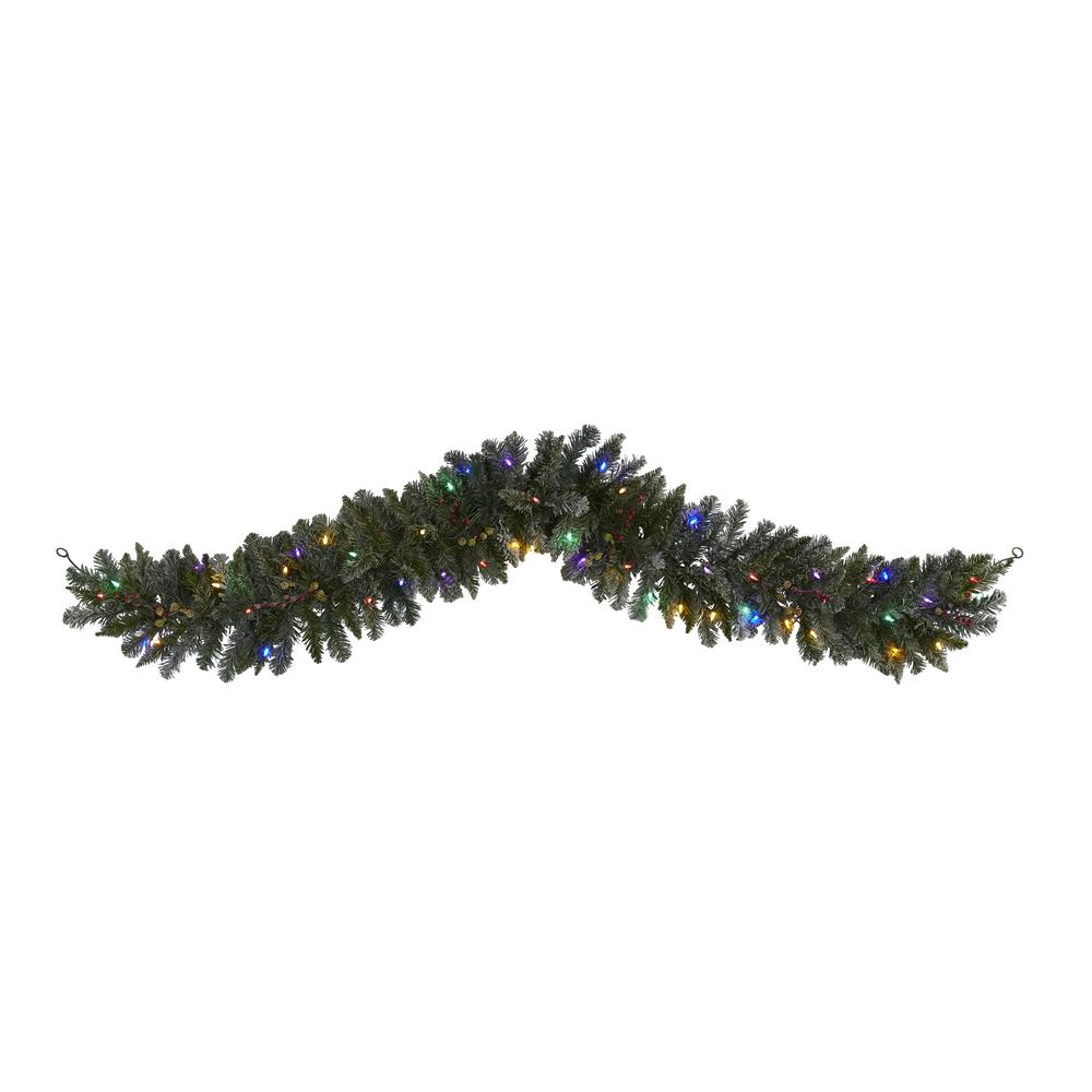 6ft. Flocked Artificial Christmas Garland with 50 Multicolored LED Lights and Berries. Picture 4