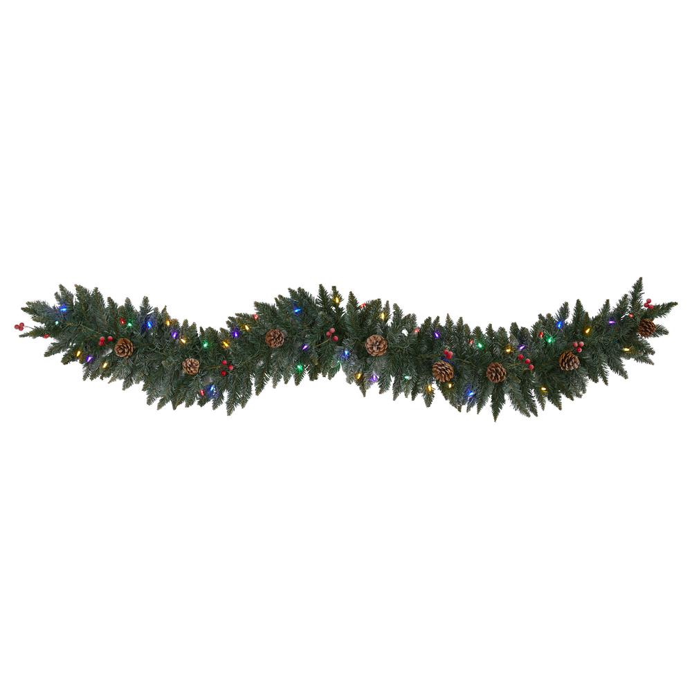 6ft. Snow Dusted Artificial Christmas Garland with 50 Multicolored LED Lights, Berries and Pinecones. Picture 2