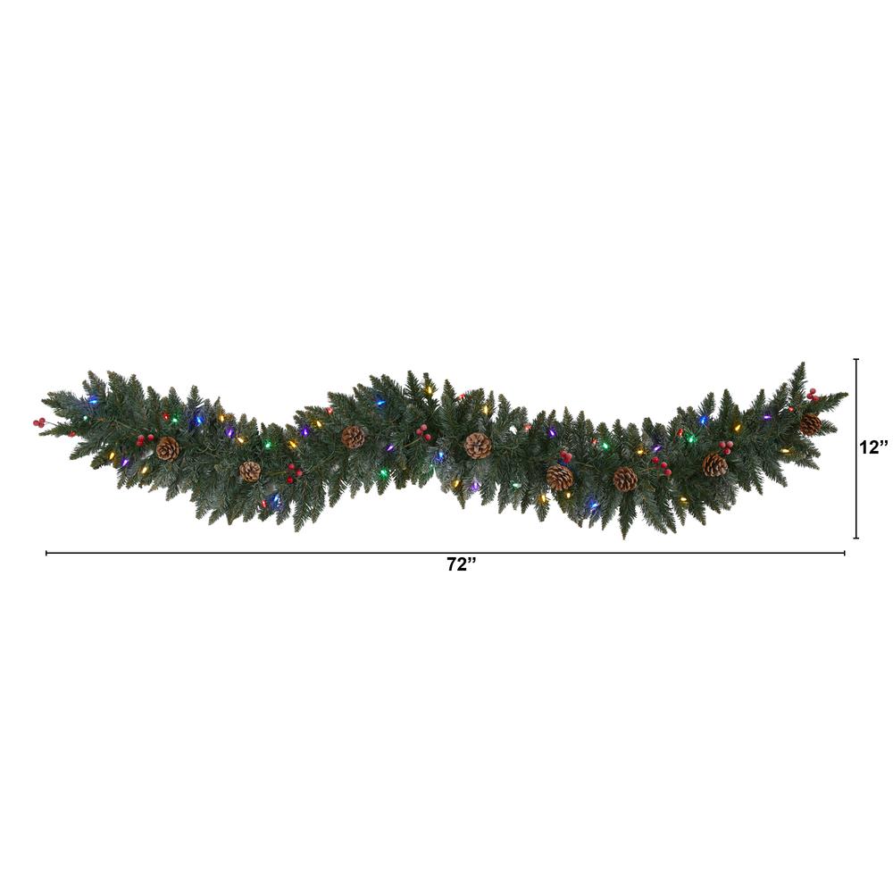 6ft. Snow Dusted Artificial Christmas Garland with 50 Multicolored LED Lights, Berries and Pinecones. Picture 1