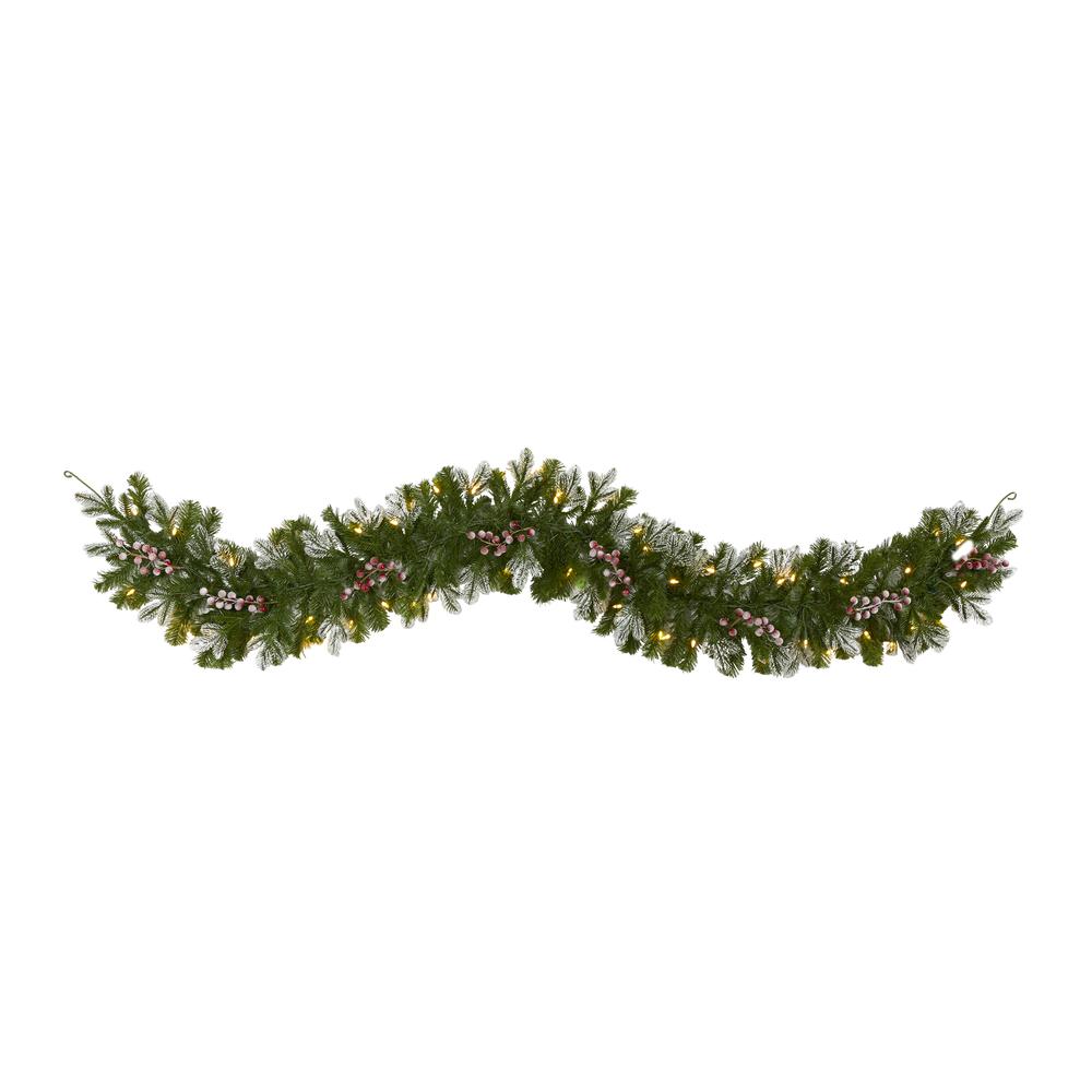 6ft. Snow Tipped Artificial Christmas Garland with 50 Warm White LED Lights and Berries. Picture 5