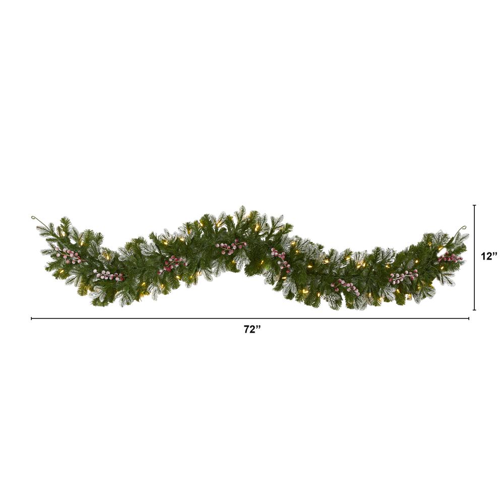 6ft. Snow Tipped Artificial Christmas Garland with 50 Warm White LED Lights and Berries. Picture 1