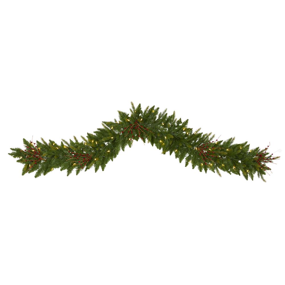 6ft. Christmas Pine Artificial Garland with 50 Warm White LED Lights and Berries. Picture 1