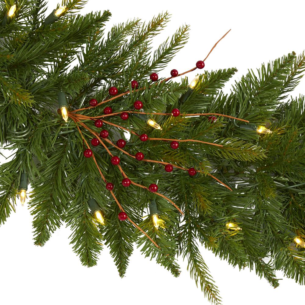 6ft. Christmas Pine Artificial Garland with 50 Warm White LED Lights and Berries. Picture 3