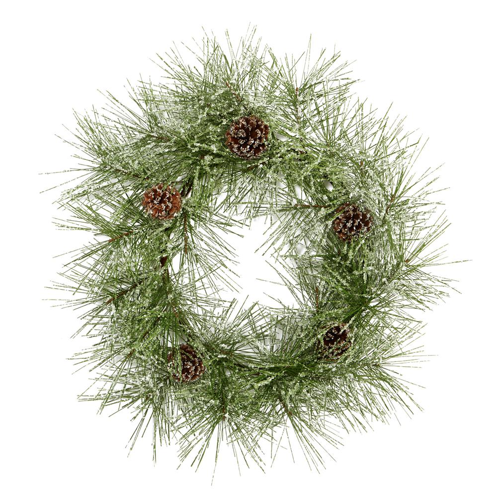 24in. Iced Pine Artificial Wreath with Pine Cones. Picture 1