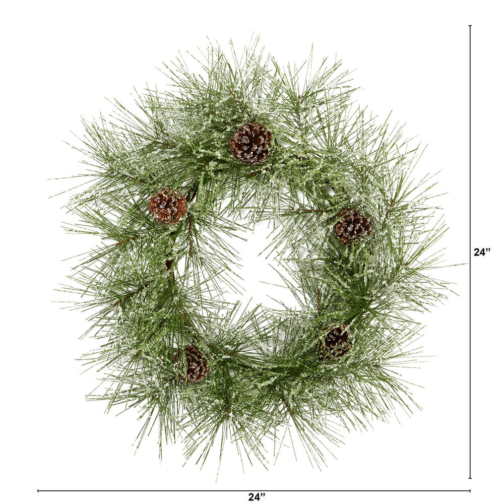 24in. Iced Pine Artificial Wreath with Pine Cones. Picture 2