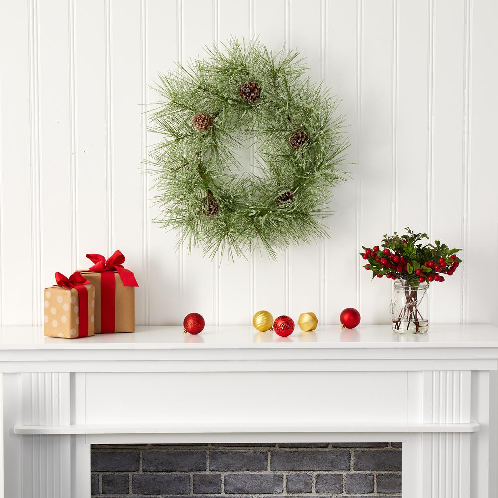 24in. Iced Pine Artificial Wreath with Pine Cones. Picture 3