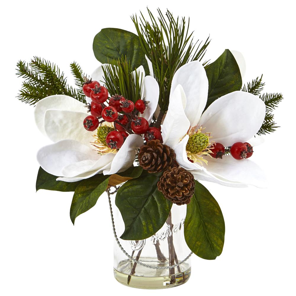 Magnolia, Pine, and Berry Holiday Arrangement in Glass Vase. Picture 5