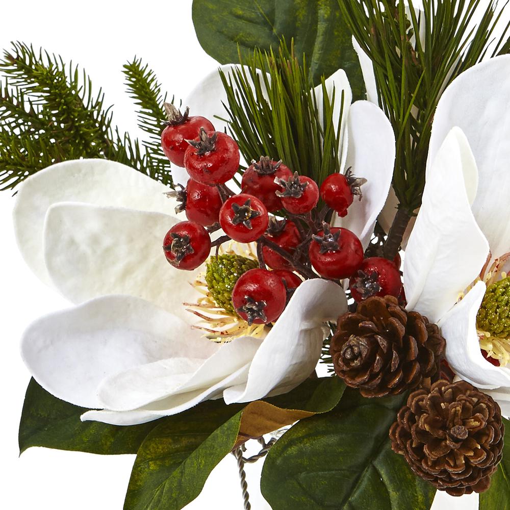 Magnolia, Pine, and Berry Holiday Arrangement in Glass Vase. Picture 1