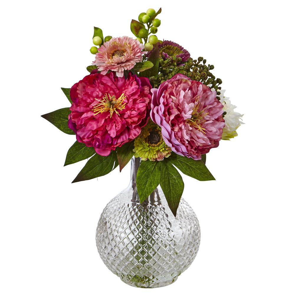 Peony and Mum in Glass Vase Pink. Picture 1