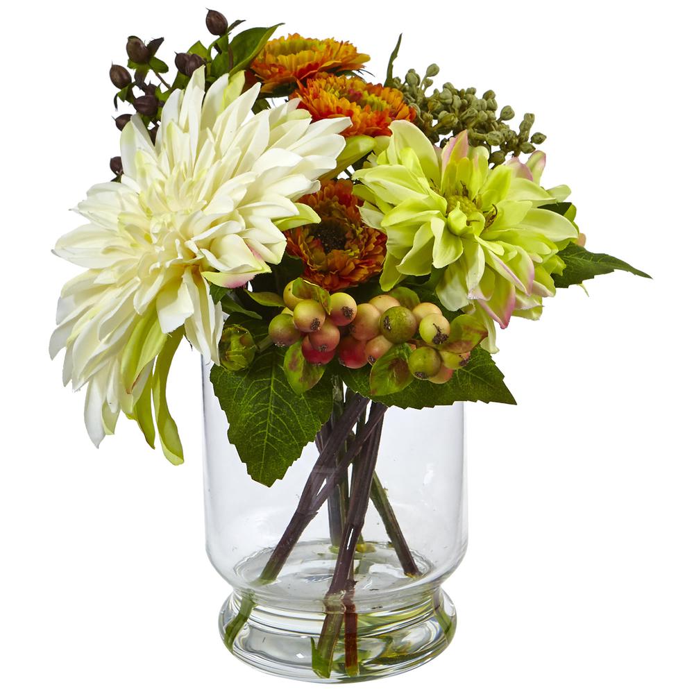 Mixed Dahlia and Mum with Glass Vase. Picture 1