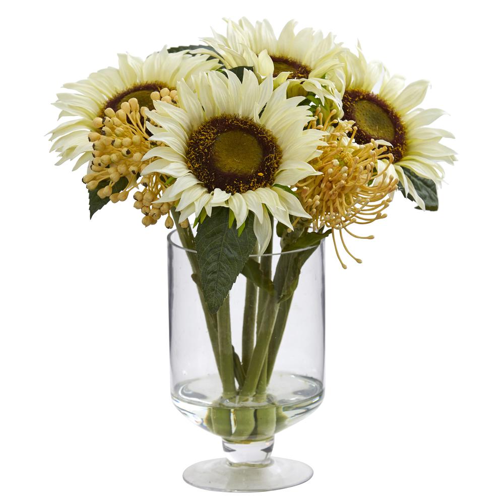 12in. Sunflower & Sedum Artificial Arrangement in Vase. Picture 1
