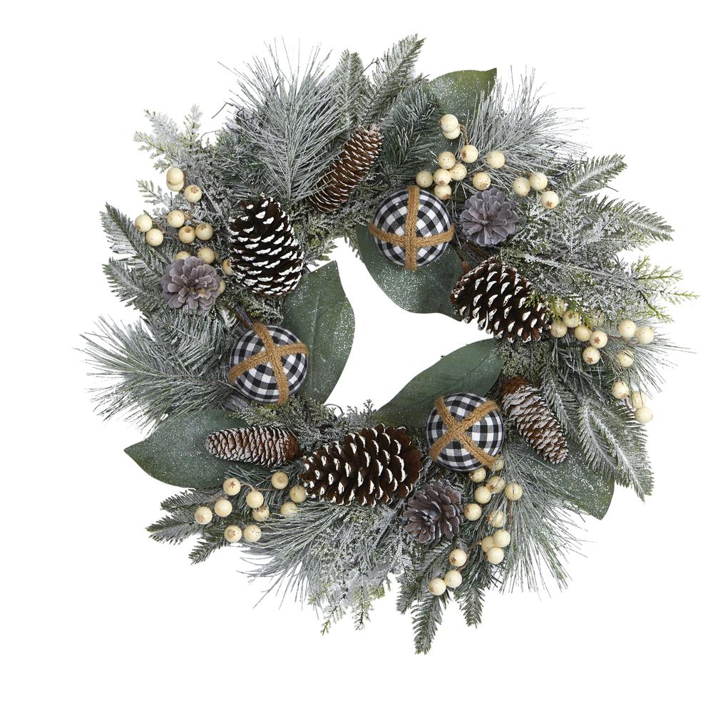 24in. Snow Tipped Holiday Artificial Wreath with Berries, Pine Cones and Ornaments. Picture 2