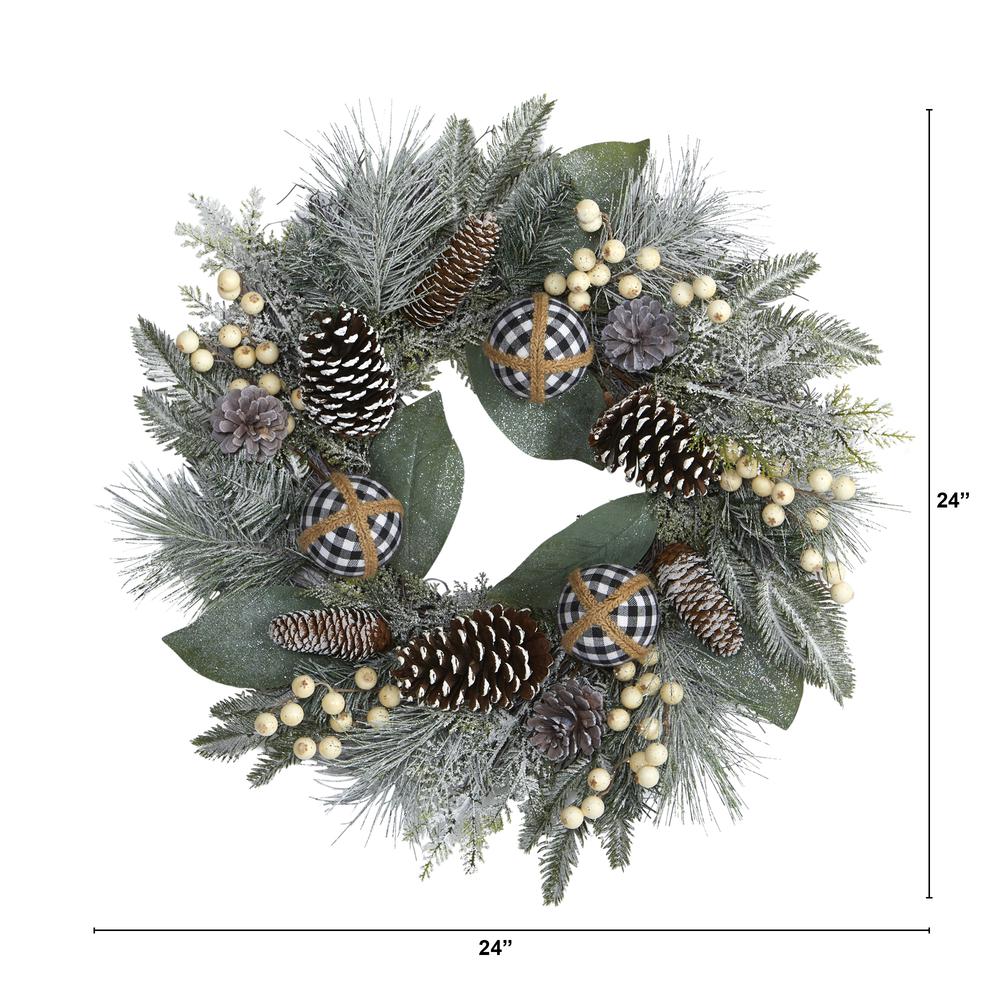 24in. Snow Tipped Holiday Artificial Wreath with Berries, Pine Cones and Ornaments. Picture 1
