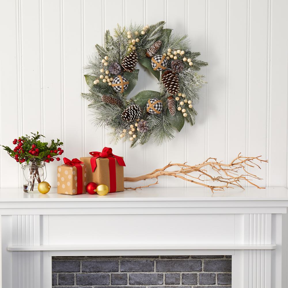 24in. Snow Tipped Holiday Artificial Wreath with Berries, Pine Cones and Ornaments. Picture 3