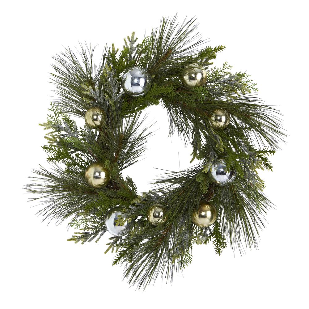26in. Sparkling Pine Artificial Wreath with Decorative Ornaments. Picture 3