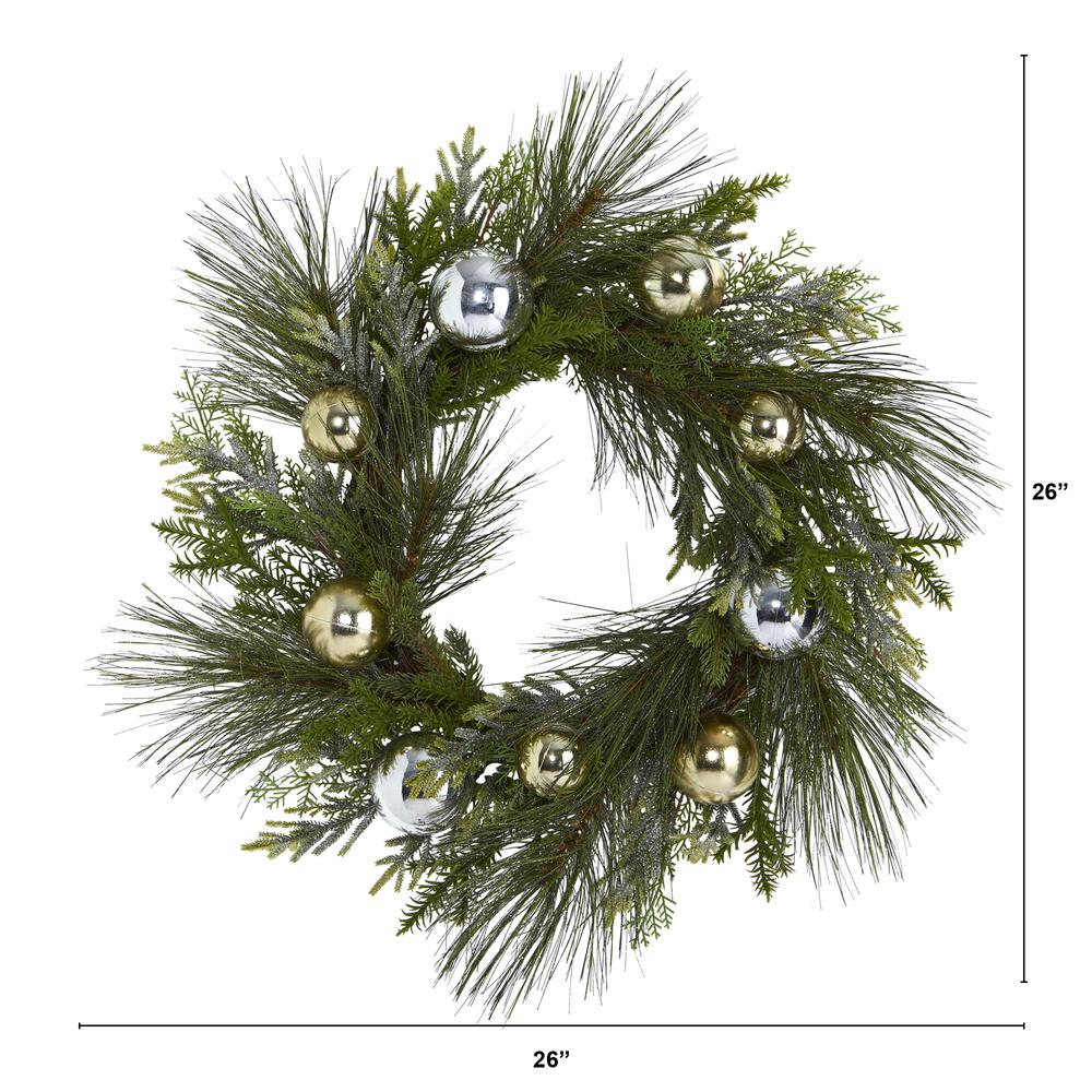 26in. Sparkling Pine Artificial Wreath with Decorative Ornaments. Picture 1