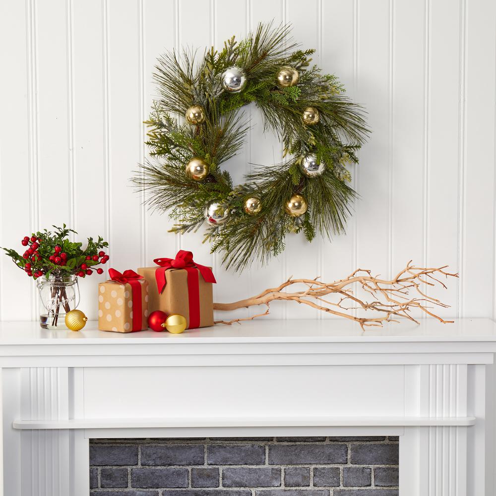 26in. Sparkling Pine Artificial Wreath with Decorative Ornaments. Picture 2
