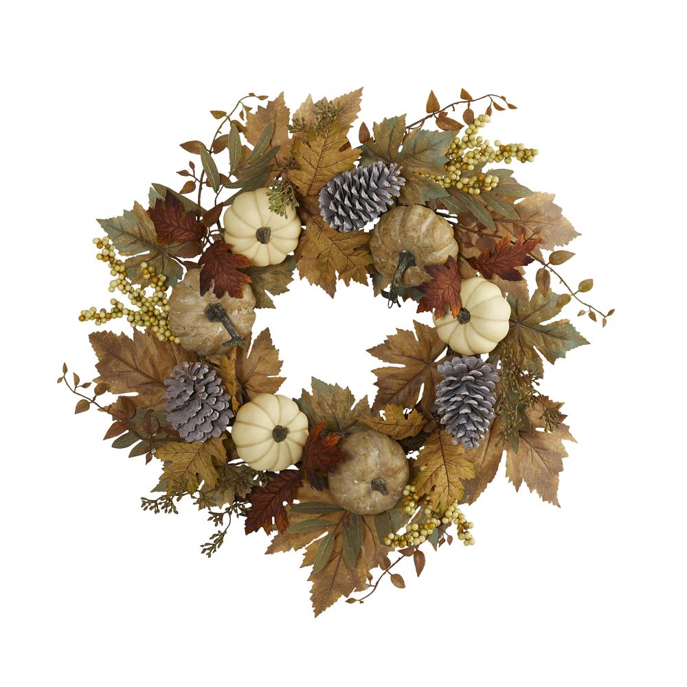 24in. Fall Pumpkins, Pine Cones and Berries Artificial Wreath. Picture 3