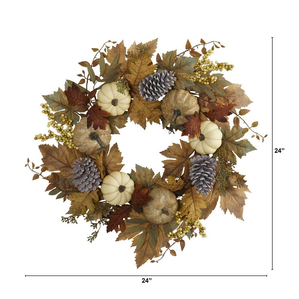 24in. Fall Pumpkins, Pine Cones and Berries Artificial Wreath. Picture 1