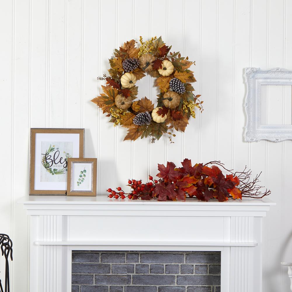 24in. Fall Pumpkins, Pine Cones and Berries Artificial Wreath. Picture 2
