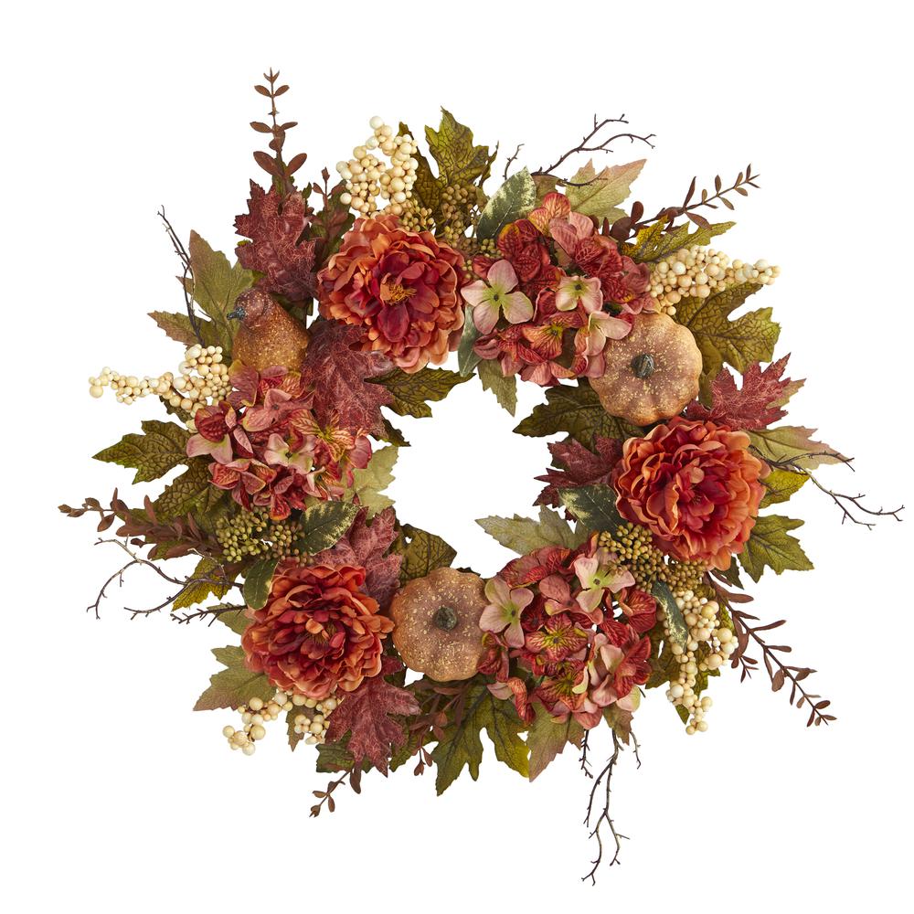 24in. Peony, Hydrangea and Pumpkin Fall Artificial Wreath. Picture 1