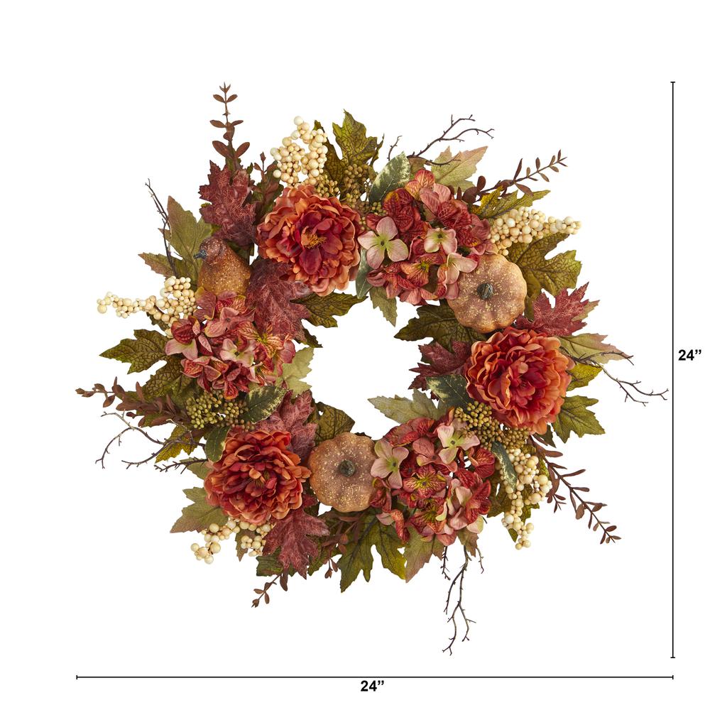 24in. Peony, Hydrangea and Pumpkin Fall Artificial Wreath. Picture 2
