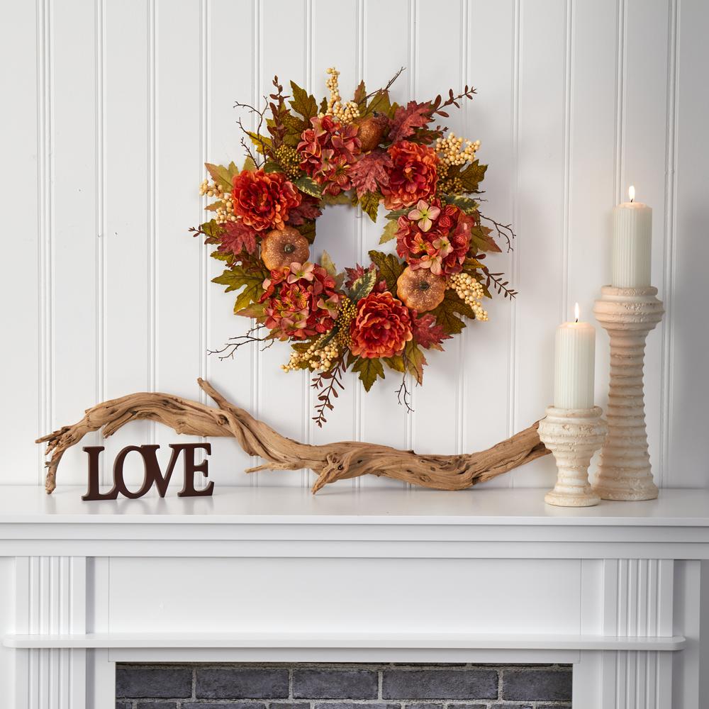 24in. Peony, Hydrangea and Pumpkin Fall Artificial Wreath. Picture 3