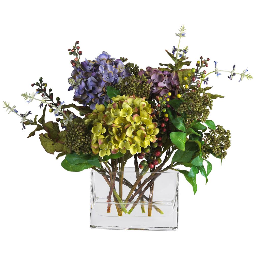 Mixed Hydrangea with Rectangle Vase Silk Flower Arrangement. Picture 1
