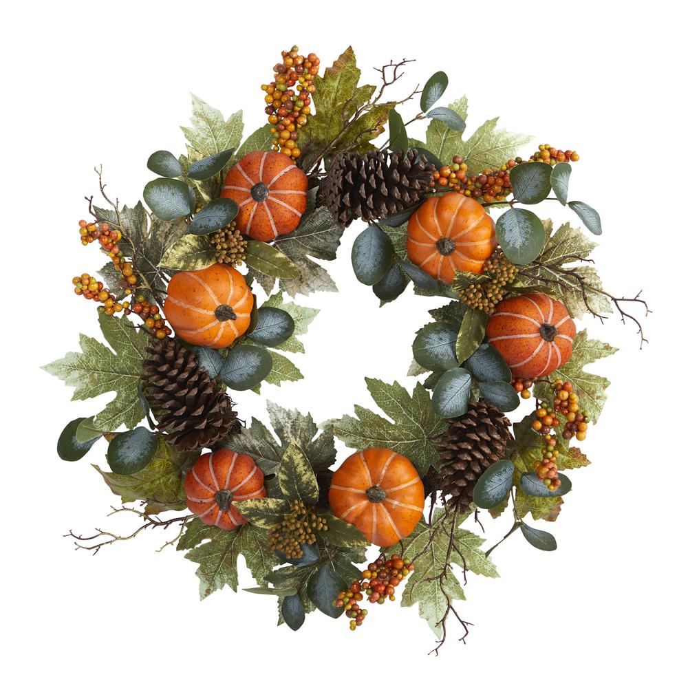 24in. Pumpkins, Pine Cones and Berries Fall Artificial Wreath. Picture 3