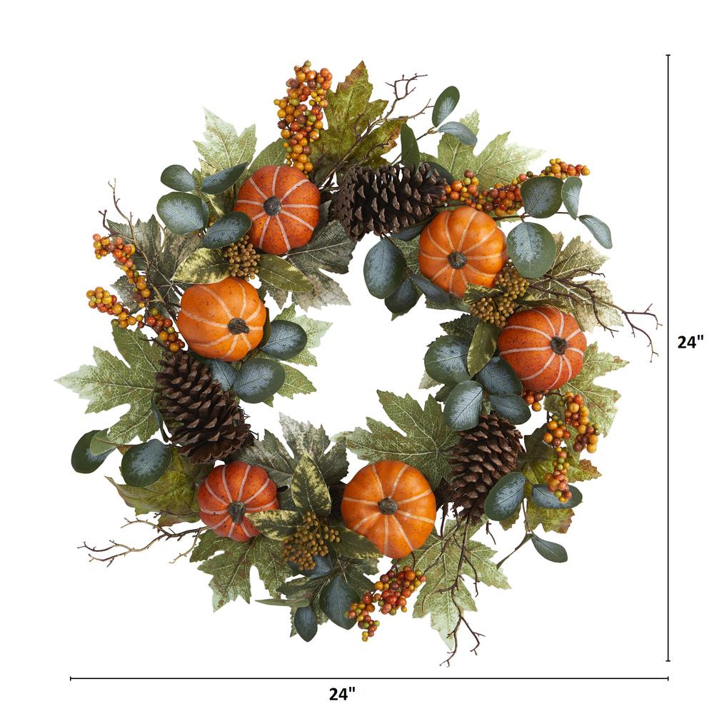 24in. Pumpkins, Pine Cones and Berries Fall Artificial Wreath. Picture 1