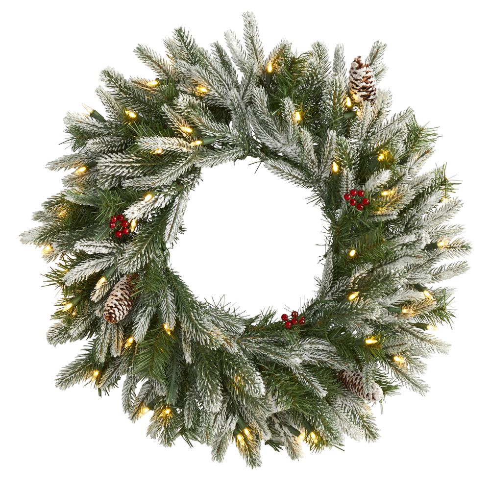 24in. Snowed Artificial Christmas Wreath with 50 Warm White LED Lights and Pine Cones. Picture 5