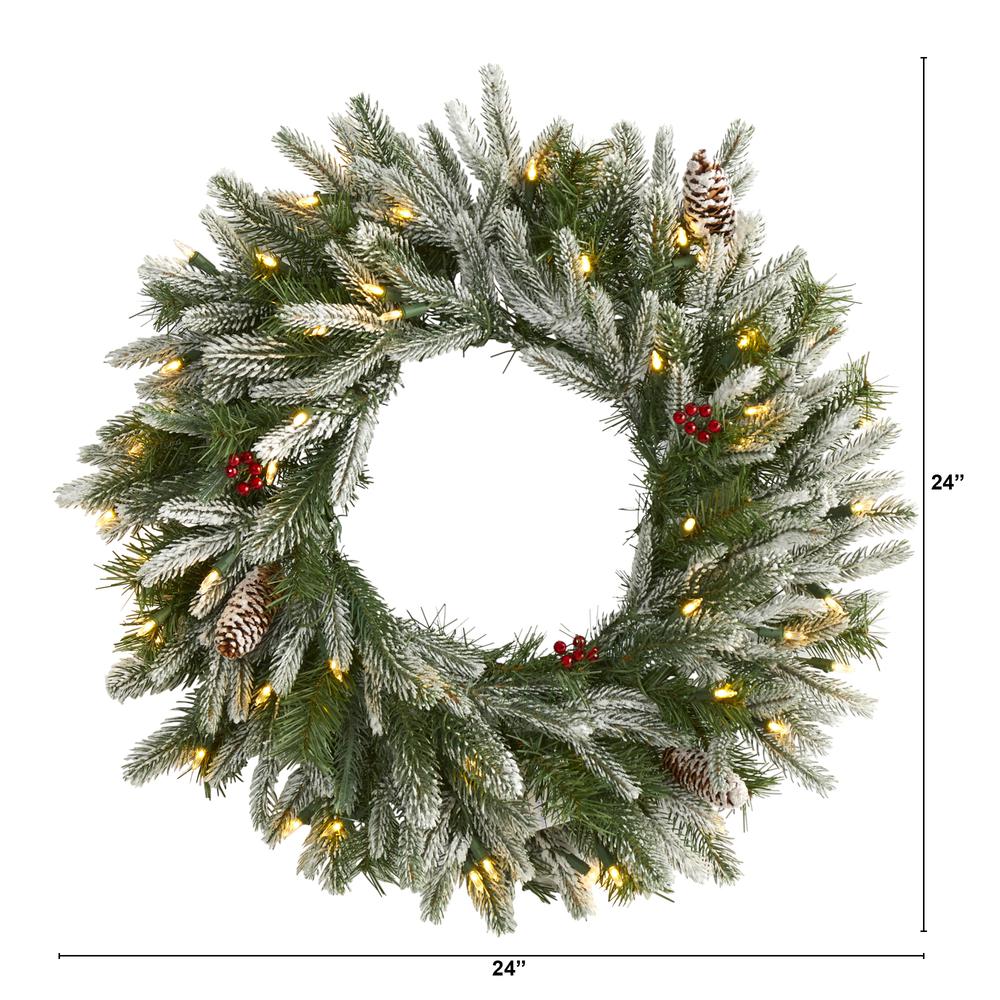 24in. Snowed Artificial Christmas Wreath with 50 Warm White LED Lights and Pine Cones. Picture 1