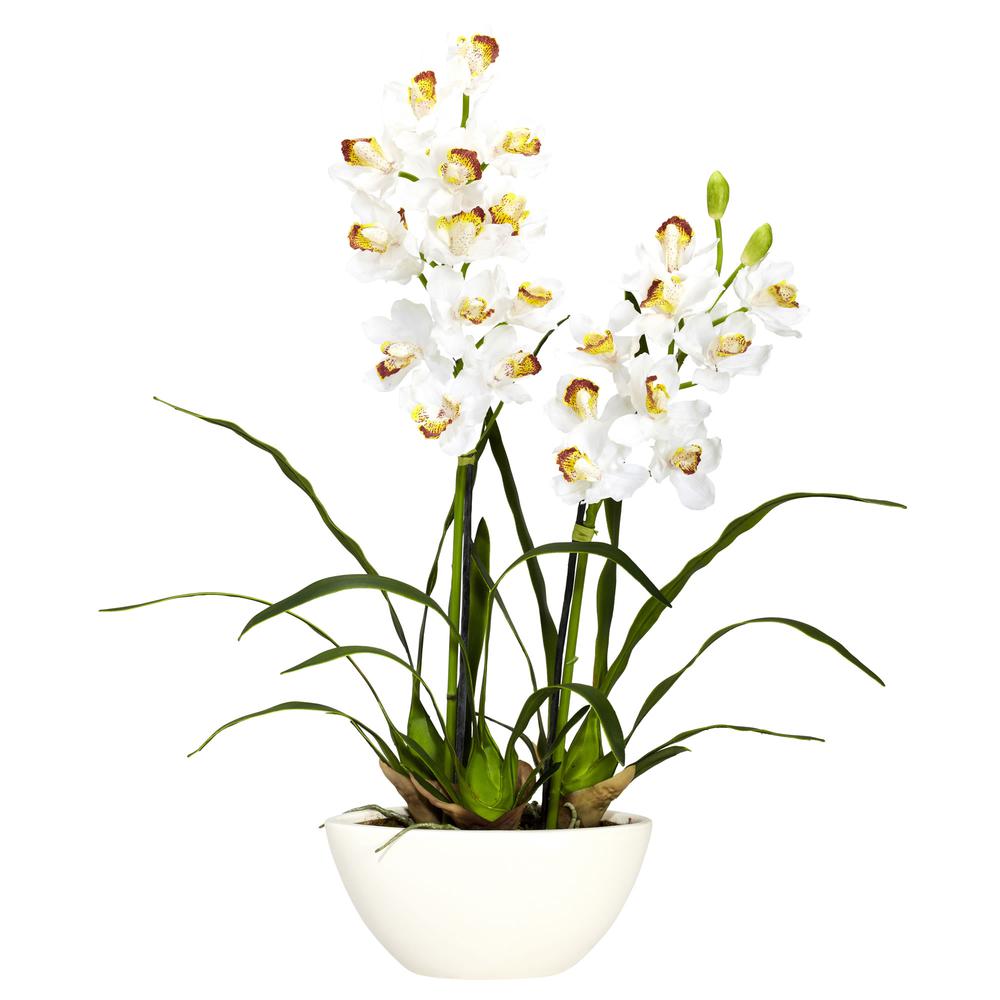Cymbidium with White Vase Silk Flower Arrangement. Picture 1