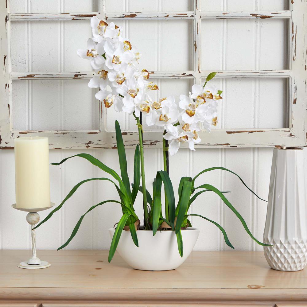 Cymbidium with White Vase Silk Flower Arrangement. Picture 2