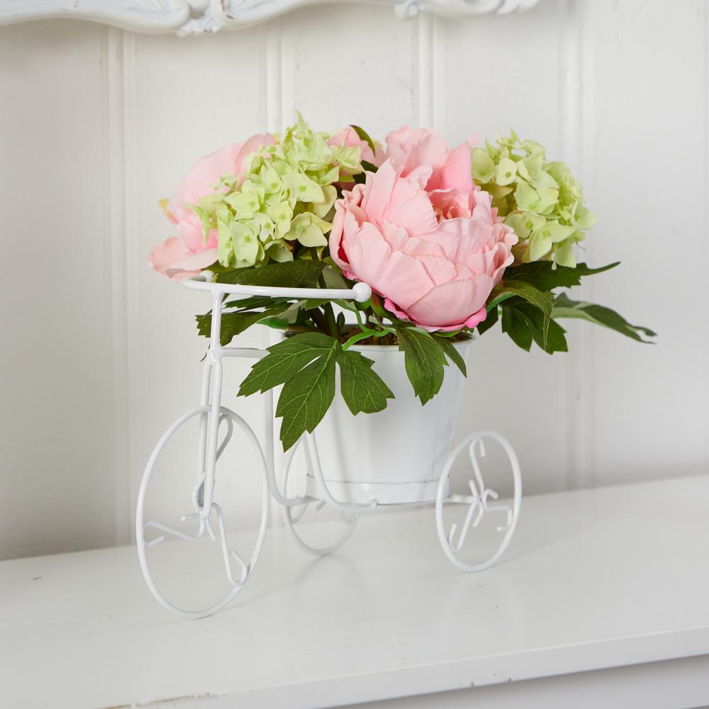 Peony & Hydrangea Tricycle Silk Flower Arrangement. Picture 3