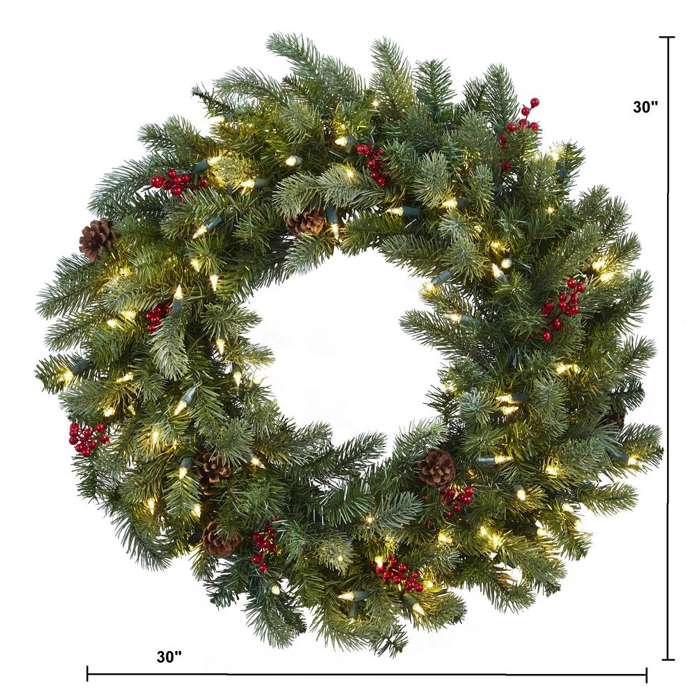 30in. Lighted Pine Wreath with Berries & Pinecones. Picture 3
