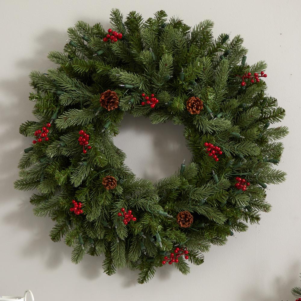 30in. Lighted Pine Wreath with Berries & Pinecones. Picture 4