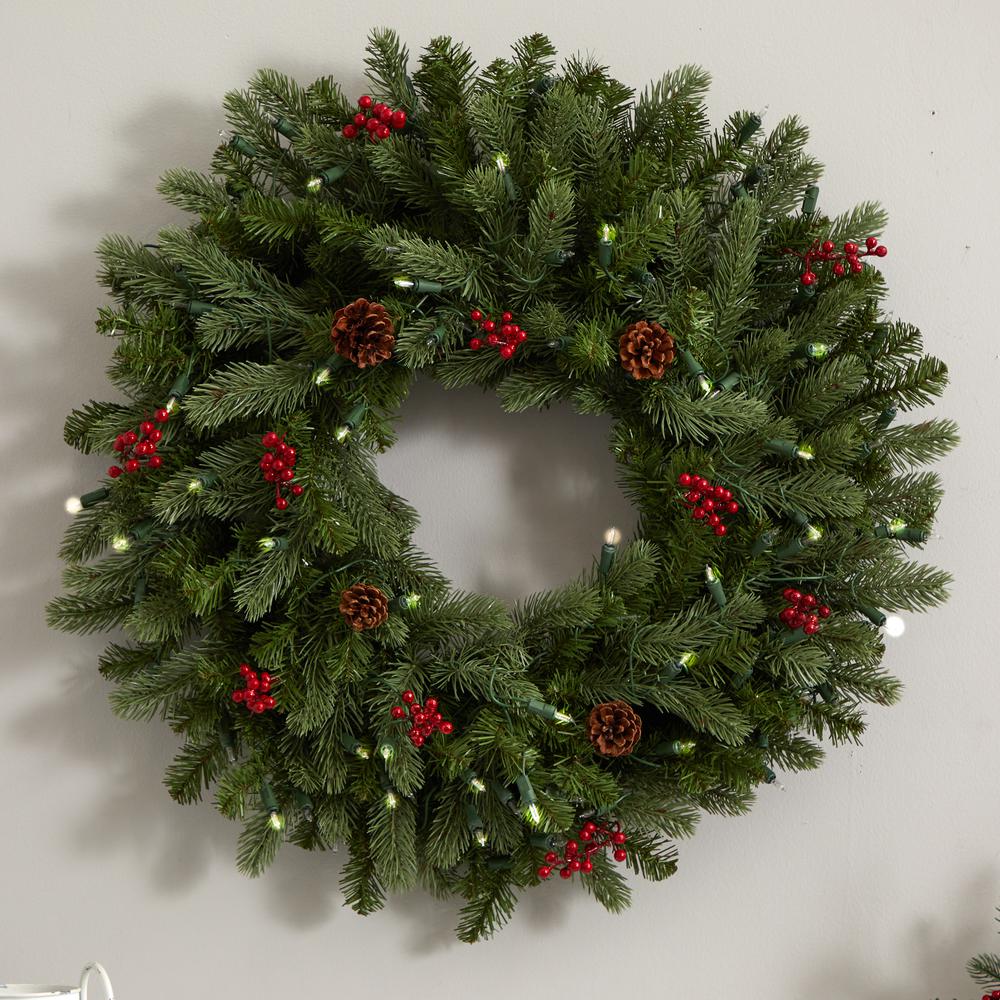 30in. Lighted Pine Wreath with Berries & Pinecones. Picture 5