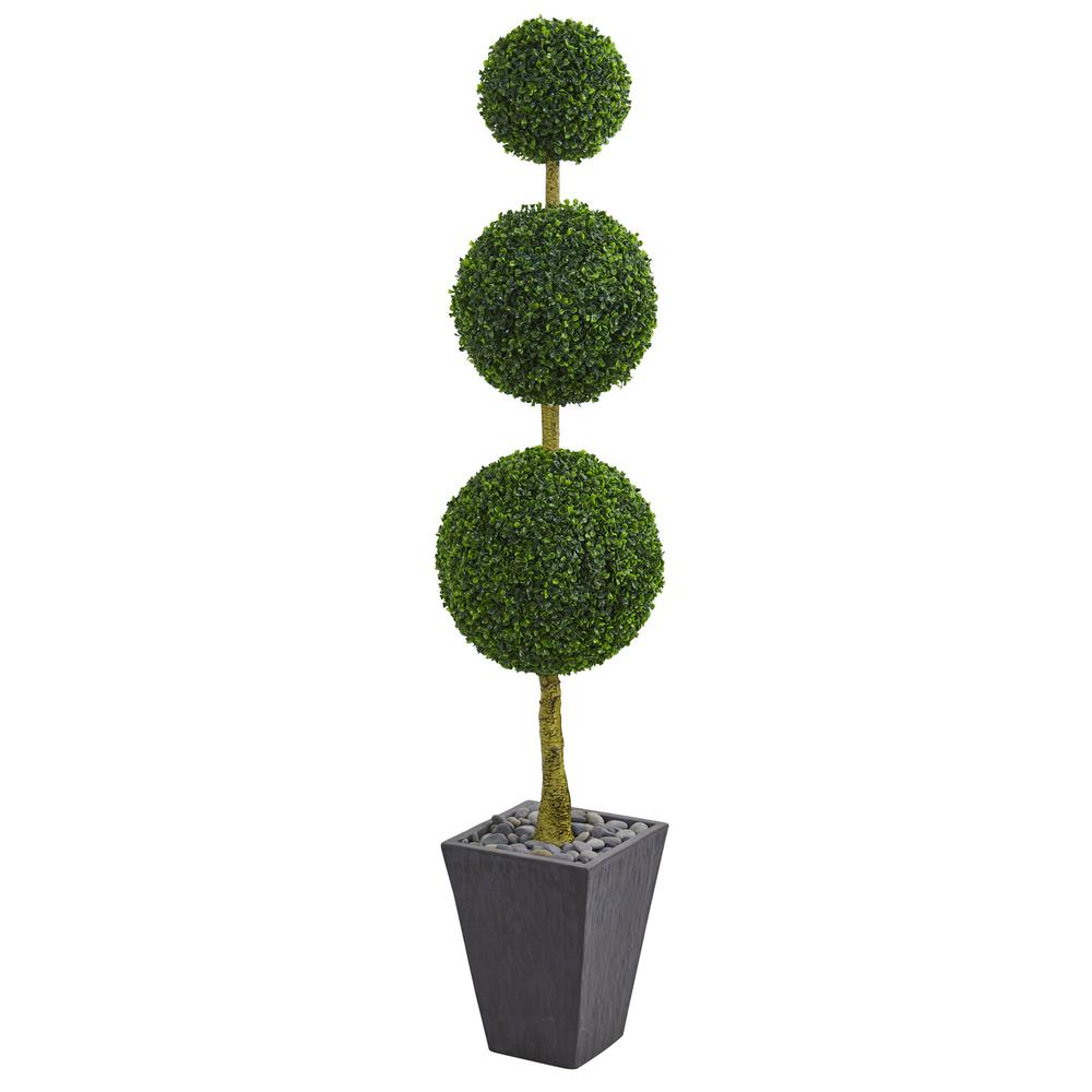 6ft. Boxwood Triple Ball Topiary Artificial Tree in Slate Planter UV Resistant (Indoor/Outdoor). Picture 1