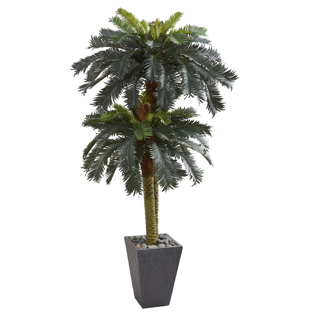 6ft. Double Sago Palm Artificial Tree Slate Finished Planter. Picture 1