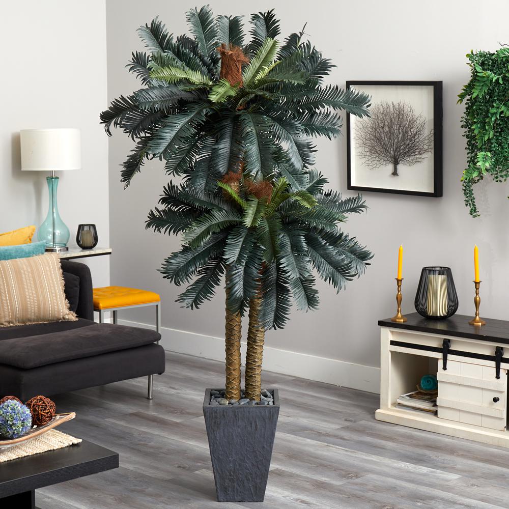 6ft. Double Sago Palm Artificial Tree Slate Finished Planter. Picture 3