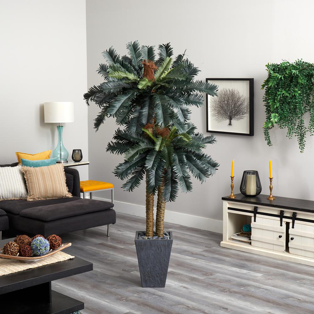 6ft. Double Sago Palm Artificial Tree Slate Finished Planter. Picture 2
