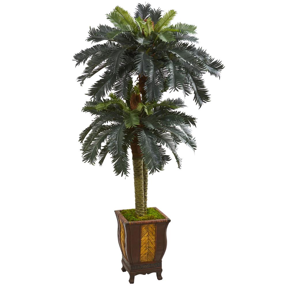 6ft. Double Sago Palm Artificial Tree in Designer Planter. The main picture.