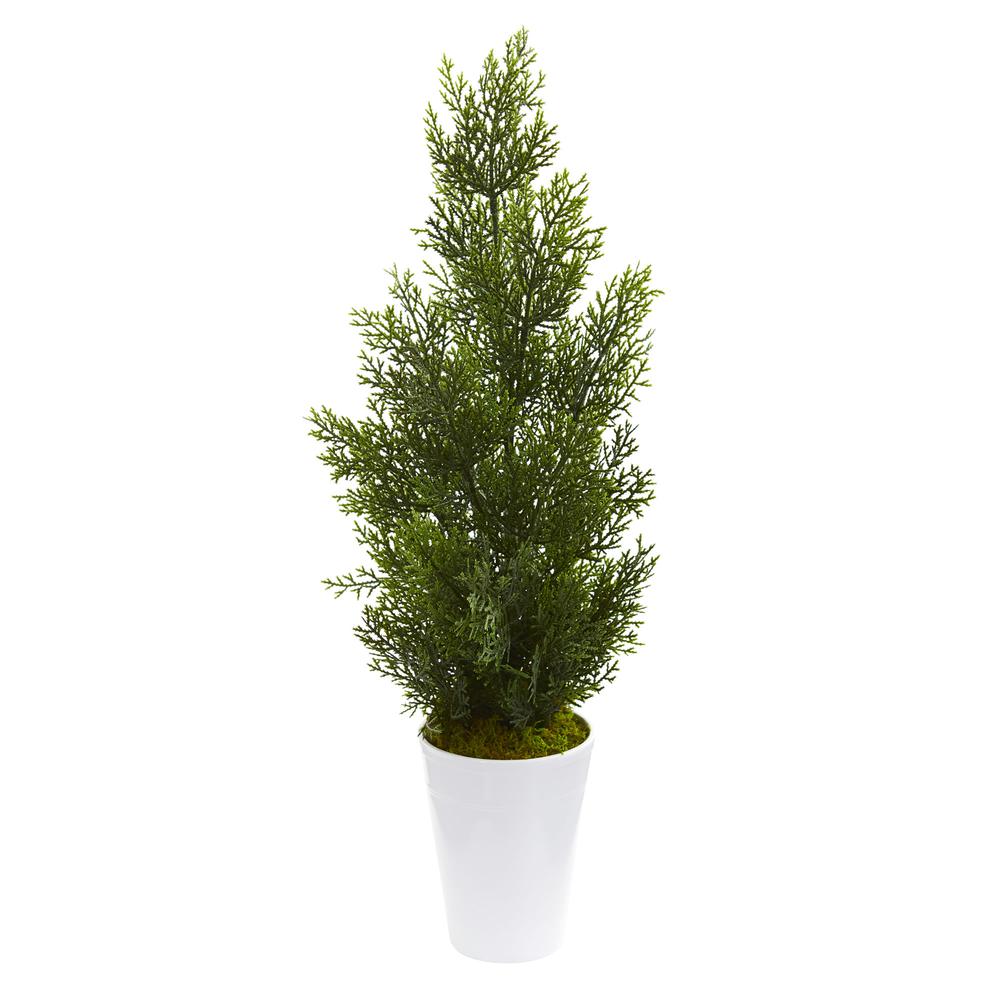 27in. Mini Cedar Artificial Pine Tree in Decorative Planter (Indoor/Outdoor). Picture 1