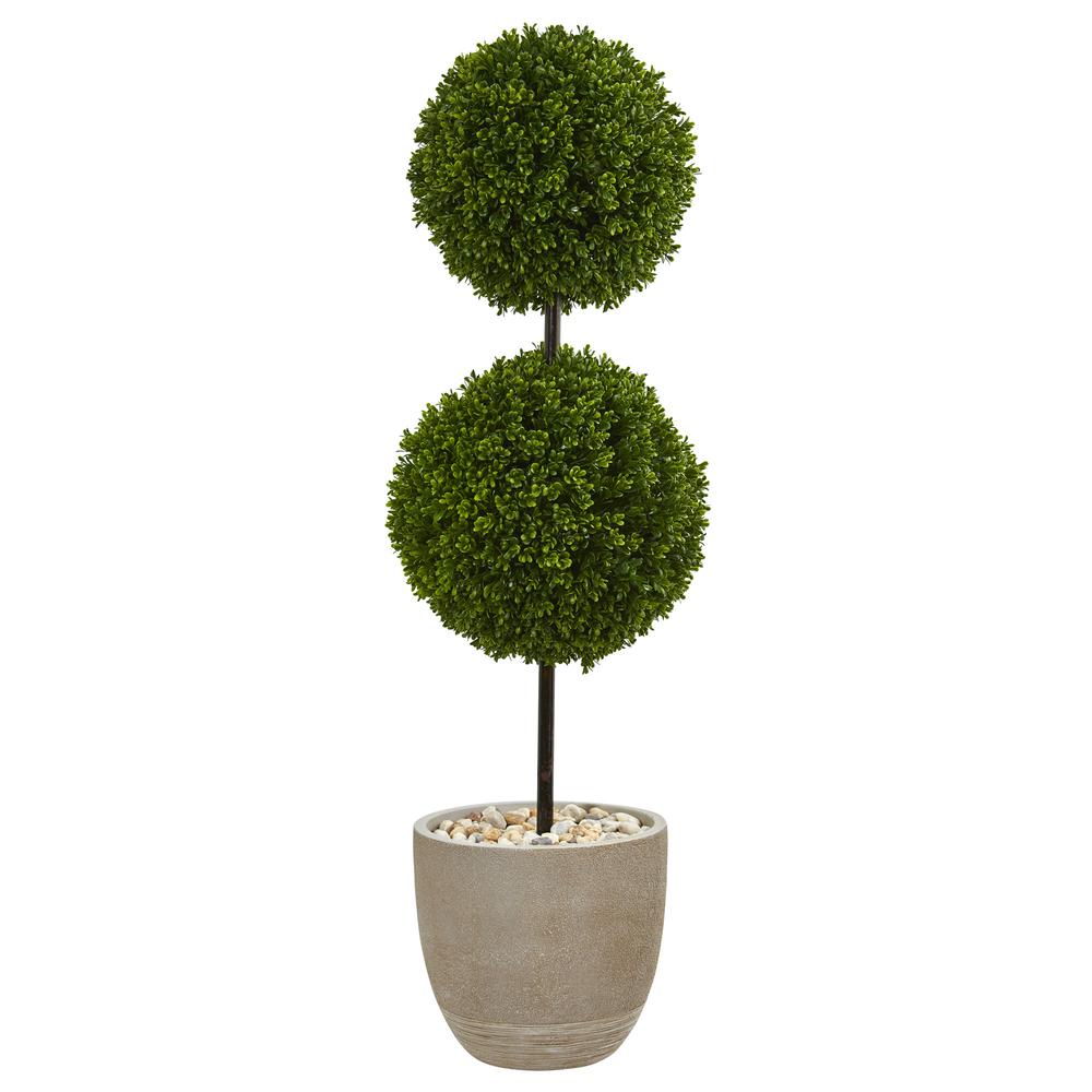 4ft. Boxwood Double Ball Topiary Artificial Tree in Oval Planter UV Resistant (Indoor/Outdoor). Picture 1
