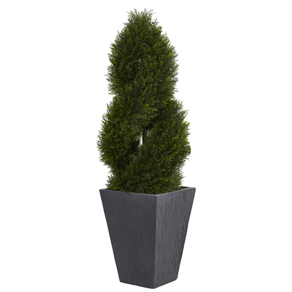 4ft. Cypress Double Spiral Topiary Artificial Tree in Slate Planter UV Resistant (Indoor/Outdoor). Picture 1