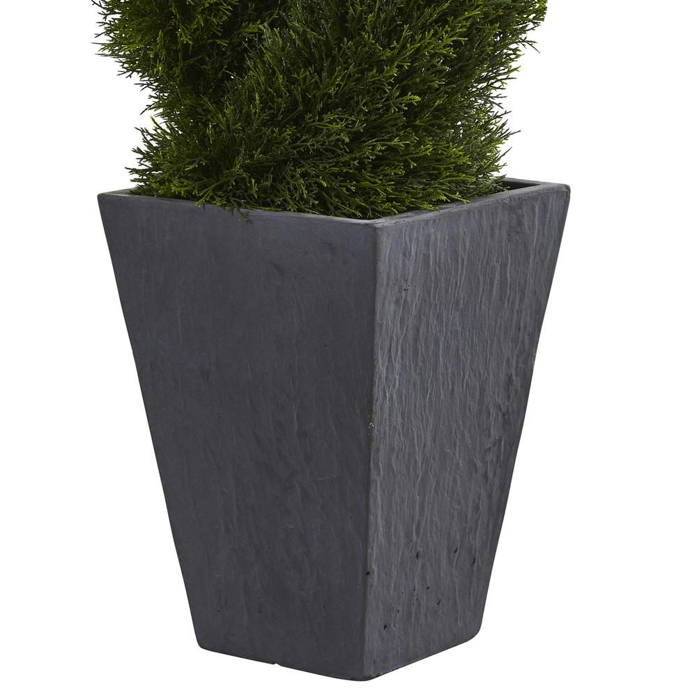 4ft. Cypress Double Spiral Topiary Artificial Tree in Slate Planter UV Resistant (Indoor/Outdoor). Picture 3