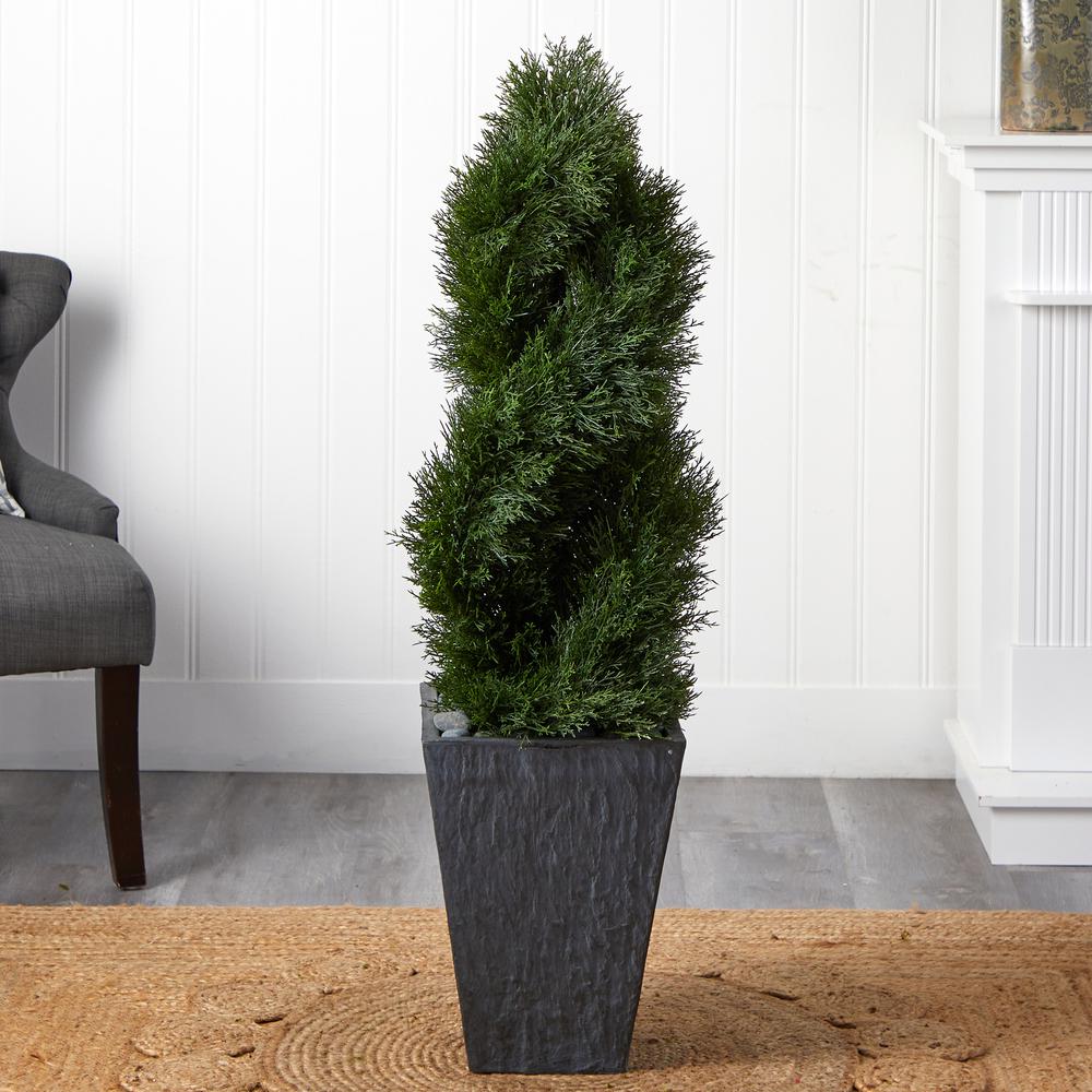 4ft. Cypress Double Spiral Topiary Artificial Tree in Slate Planter UV Resistant (Indoor/Outdoor). Picture 4