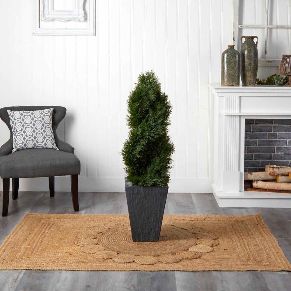 4ft. Cypress Double Spiral Topiary Artificial Tree in Slate Planter UV Resistant (Indoor/Outdoor). Picture 5